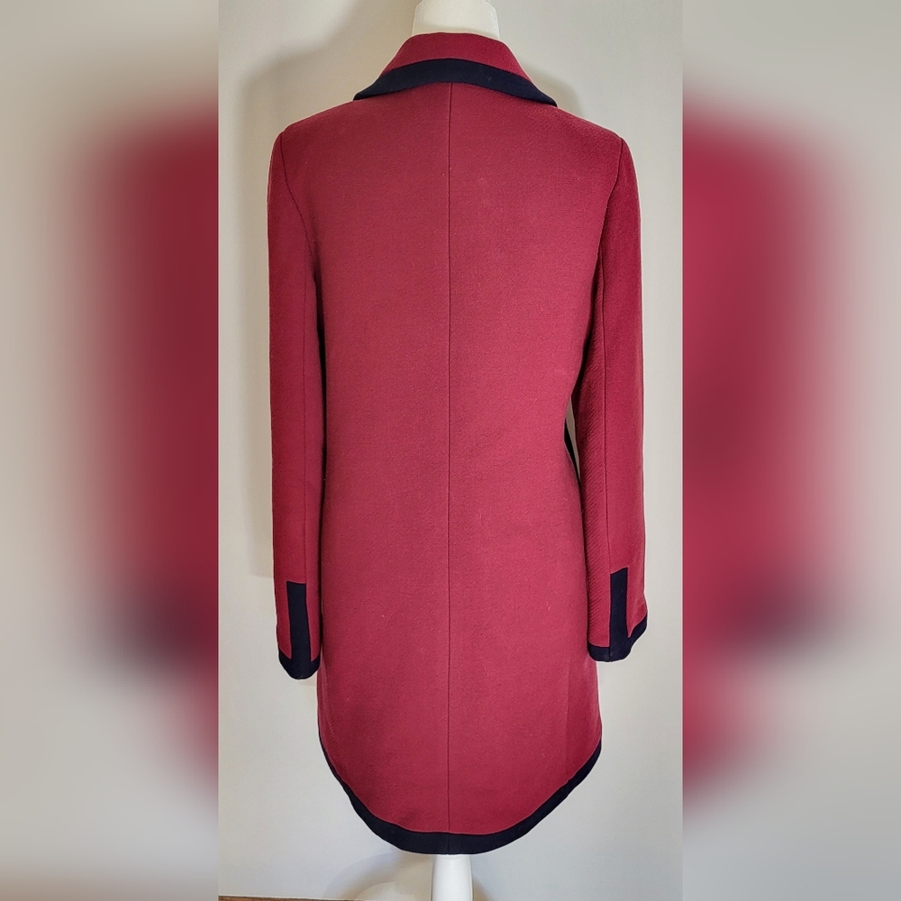 Vintage J. Crew Lady Day Coat Burgandy Wool Blend w/ Navy Trim Buttons Sz 8 EUC - Picture 5 of 16